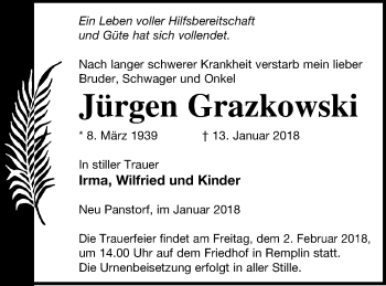 Traueranzeige von Jürgen Grazkowski von Mecklenburger Schweiz