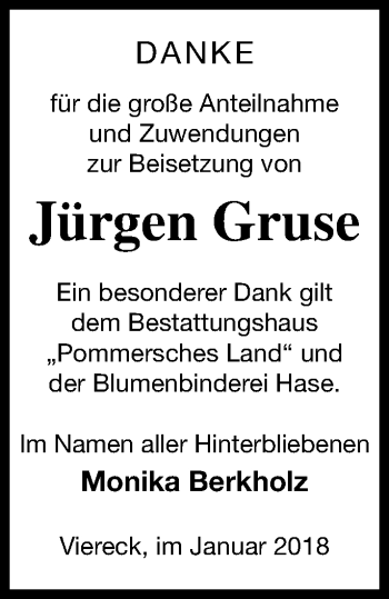 Traueranzeige von Jürgen Gruse von Pasewalker Zeitung