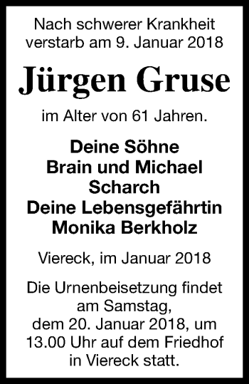 Traueranzeige von Jürgen Gruse von Neubrandenburger Zeitung