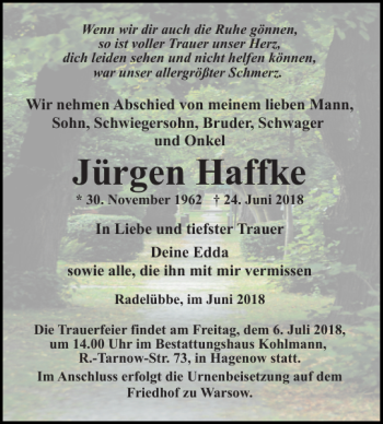 Traueranzeige von Jürgen Haffke von Hagenower Kreisblatt