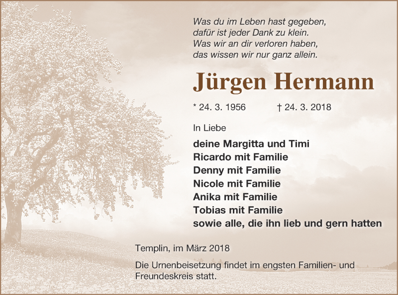  Traueranzeige für Jürgen Hermann vom 28.03.2018 aus Templiner Zeitung