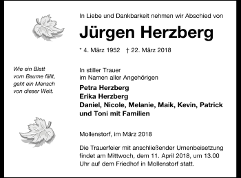 Traueranzeige von Jürgen Herzberg von Müritz-Zeitung