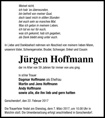 Traueranzeige von Jürgen Hoffmann von Mecklenburger Schweiz