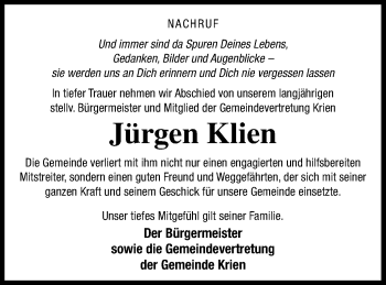 Traueranzeige von Jürgen Klien von Vorpommern Kurier