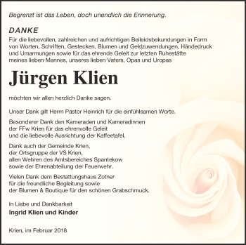 Traueranzeige von Jürgen Klien von Vorpommern Kurier