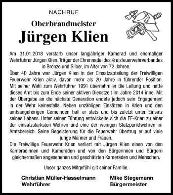 Traueranzeige von Jürgen Klien von Vorpommern Kurier