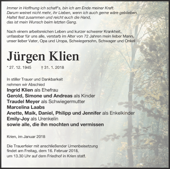 Traueranzeige von Jürgen Klien von Vorpommern Kurier