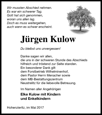 Traueranzeige von Jürgen Kulow von Strelitzer Zeitung