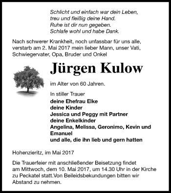 Traueranzeige von Jürgen Kulow von Strelitzer Zeitung