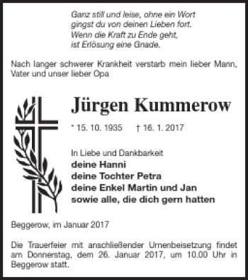 Traueranzeige von Jürgen Kummerow von Demminer Zeitung