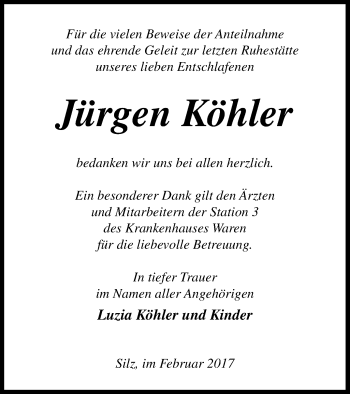 Traueranzeige von Jürgen Köhler von Müritz-Zeitung