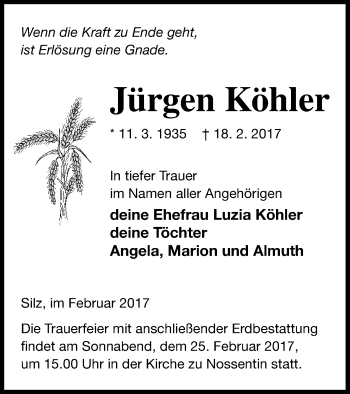 Traueranzeige von Jürgen Köhler von Müritz-Zeitung