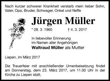 Traueranzeige von Jürgen Müller von Neubrandenburger Zeitung