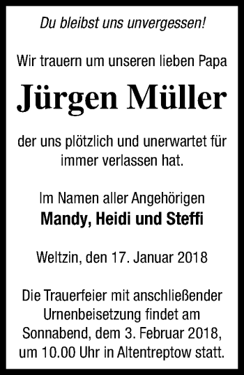 Traueranzeige von Jürgen Müller von Neubrandenburger Zeitung