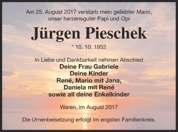Traueranzeige von Jürgen Pieschek von Müritz-Zeitung
