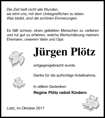 Traueranzeige von Jürgen Plötz von Vorpommern Kurier