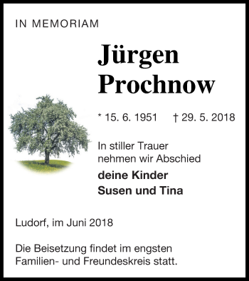 Traueranzeige von Jürgen Prochnow von Müritz-Zeitung