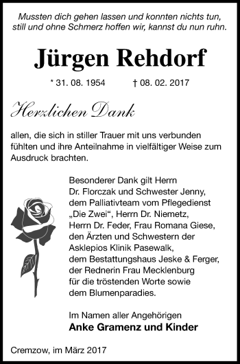 Traueranzeige von Jürgen Rehdorf von Prenzlauer Zeitung