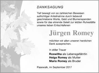 Traueranzeige von Jürgen Romey von Pasewalker Zeitung