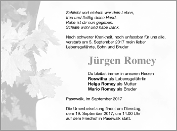 Traueranzeige von Jürgen Romey von Pasewalker Zeitung