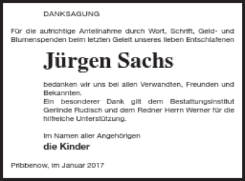 Traueranzeige von Jürgen Sachs von Mecklenburger Schweiz