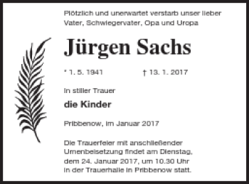 Traueranzeige von Jürgen Sachs von Mecklenburger Schweiz