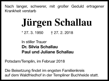 Traueranzeige von Jürgen Schallau von Templiner Zeitung