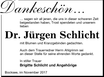 Traueranzeige von Jürgen Schlicht von Müritz-Zeitung