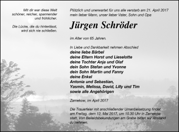 Traueranzeige von Jürgen Schröder von Mecklenburger Schweiz