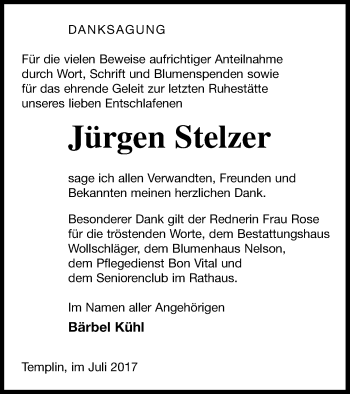 Traueranzeige von Jürgen Stelzer von Templiner Zeitung