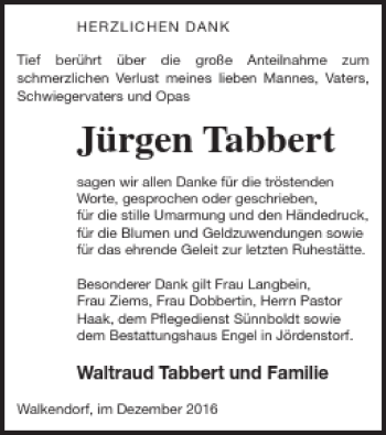 Traueranzeige von Jürgen Tabbert von Mecklenburger Schweiz