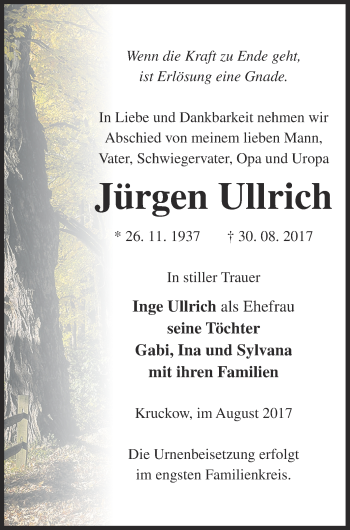 Traueranzeige von Jürgen Ullrich von Vorpommern Kurier