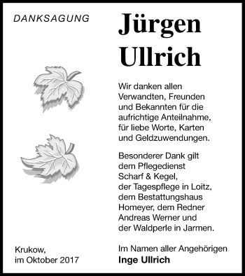 Traueranzeige von Jürgen Ullrich von Vorpommern Kurier