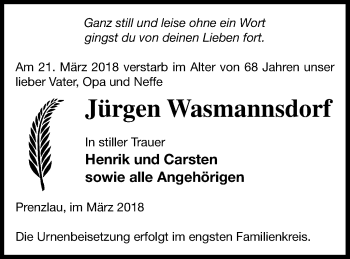 Traueranzeige von Jürgen Wasmannsdorf von Prenzlauer Zeitung