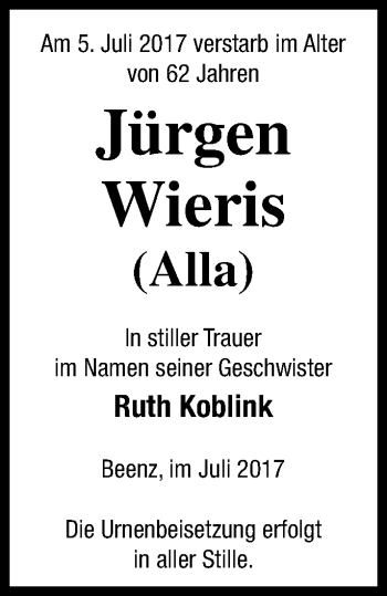 Traueranzeige von Jürgen Wieris von Templiner Zeitung