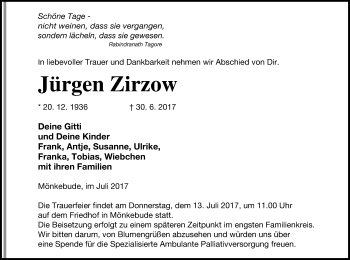 Traueranzeige von Jürgen Zirzow von Haff-Zeitung