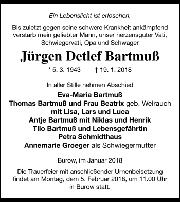 Traueranzeige von Jürgen Detlef Bartmuß von Neubrandenburger Zeitung