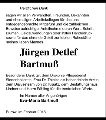 Traueranzeige von Jürgen Detlef Bartmuß von Neubrandenburger Zeitung