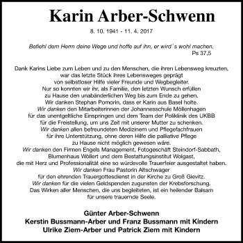 Traueranzeige von Karin Arber-Schwenn von Müritz-Zeitung