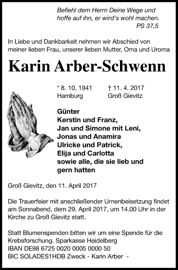 Traueranzeige von Karin Arber-Schwenn von Müritz-Zeitung