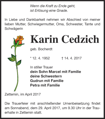 Traueranzeige von Karin Cedzich von Mecklenburger Schweiz