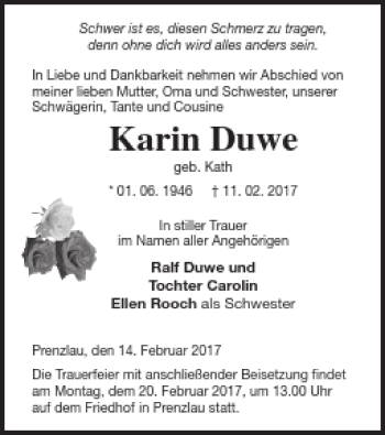 Traueranzeige von Karin Duwe von Prenzlauer Zeitung