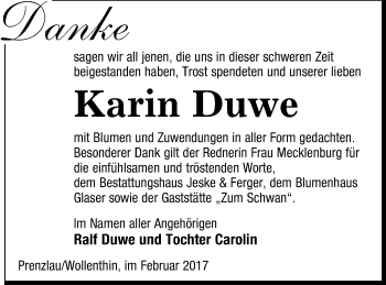 Traueranzeige von Karin Duwe von Prenzlauer Zeitung