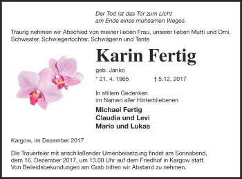 Traueranzeige von Karin Fertig von Müritz-Zeitung