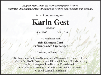 Traueranzeige von Karin Gest von Prenzlauer Zeitung