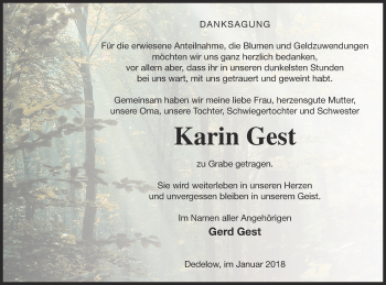 Traueranzeige von Karin Gest von Prenzlauer Zeitung