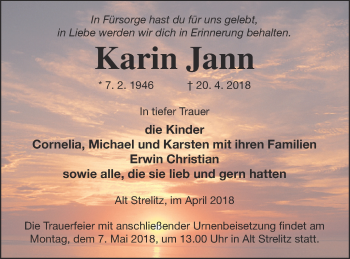 Traueranzeige von Karin Jann von Strelitzer Zeitung