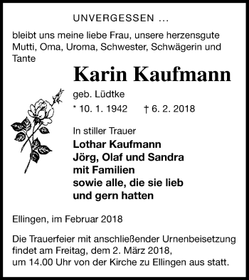 Traueranzeige von Karin Kaufmann von Prenzlauer Zeitung