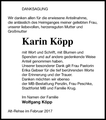 Traueranzeige von Karin Köpp von Müritz-Zeitung