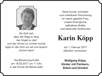 Traueranzeige von Karin Köpp von Müritz-Zeitung